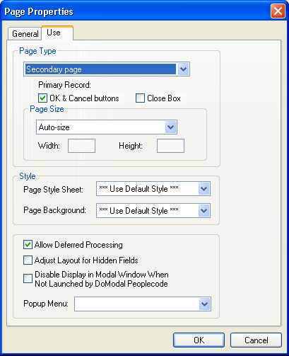 Page Properties dialog box: Secondary page type