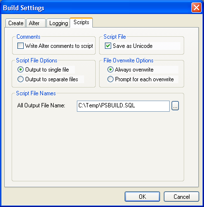 Build Settings dialog box: Scripts tab