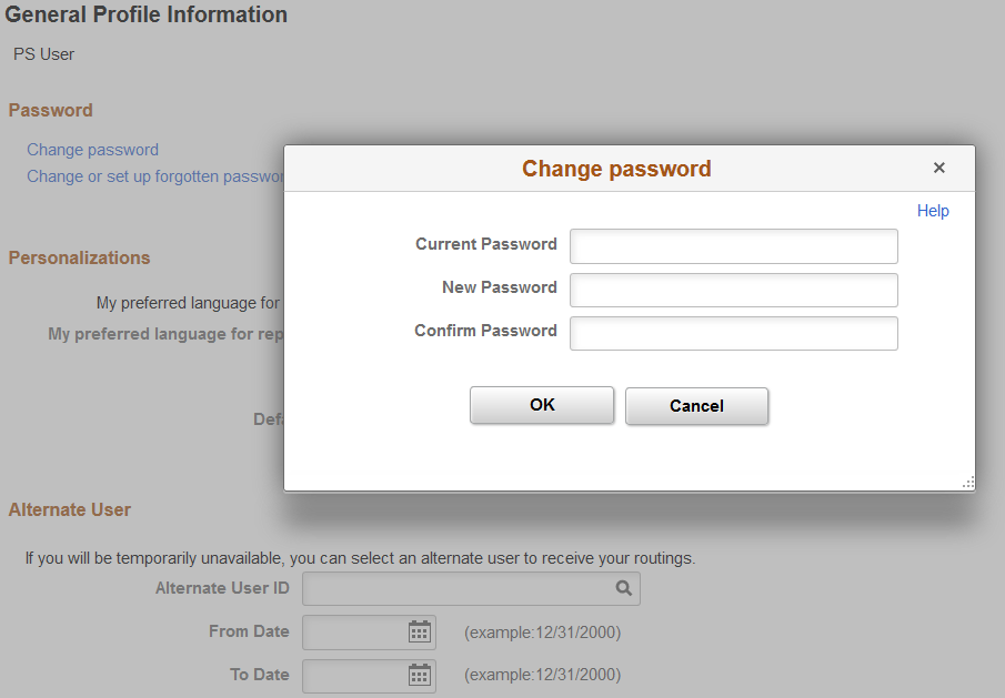 Change password modal secondary page