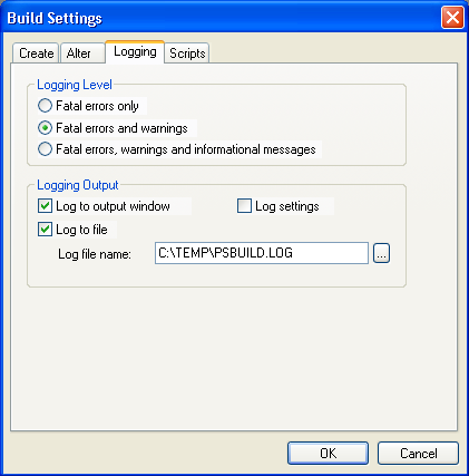 Build Settings dialog box: Logging tab