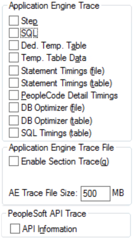 Application Engine Trace check boxes and file size