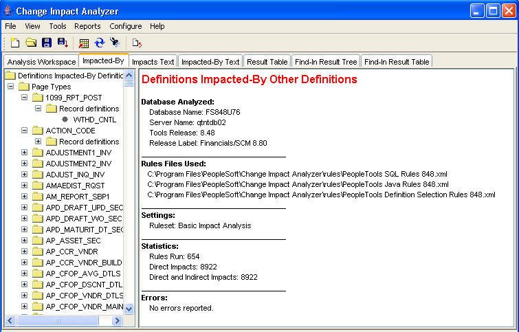 Full Analysis Result, Definitions Impacting Other Definitions page