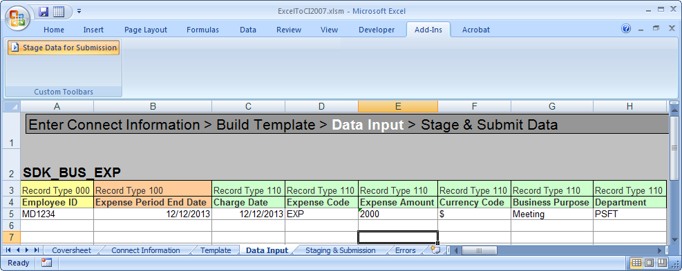 Data Input tab in Excel to Component Interface utility.