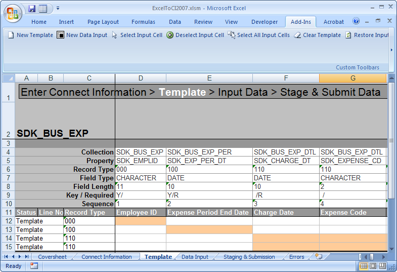 Template tab in Excel to Component Interface utility.