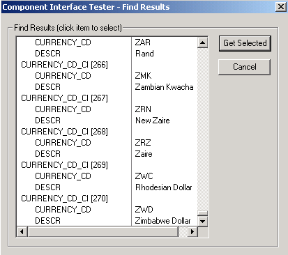 Component Interface Tester - Find Results dialog box