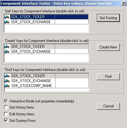 Component Interface Tester - Enter key values, choose function dialog box