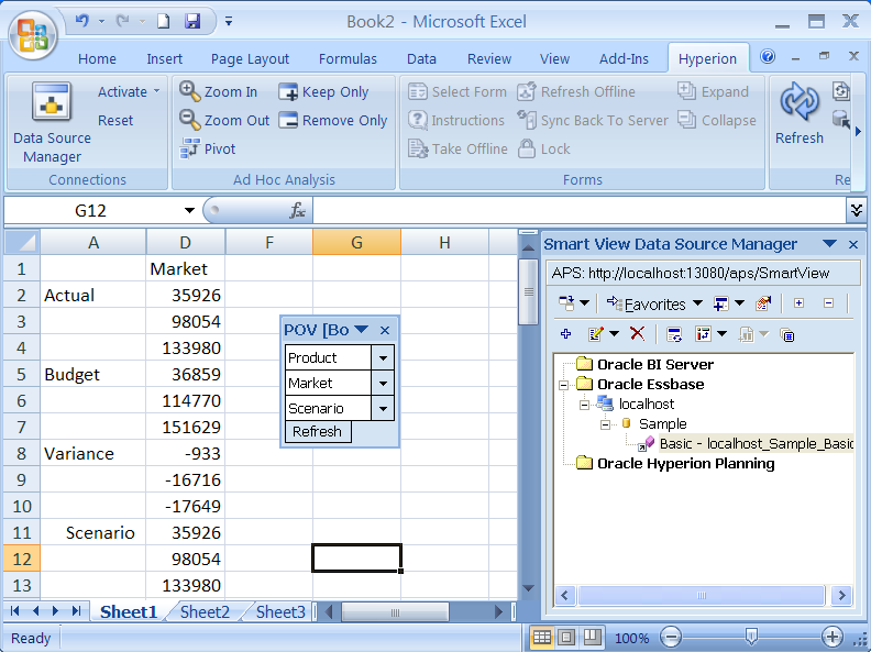 Example of Smart View displaying the top members of the two dimensions created