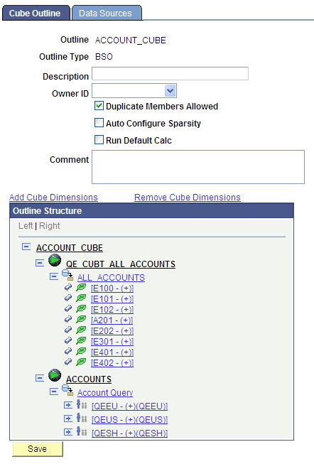 Cube Outline page displaying the QE_CUBT_ALL_ACCOUNTS and ACCOUNTS dimensions