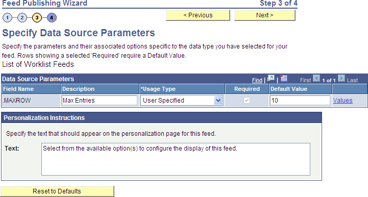 Feed Publishing Wizard - Select Data Source Parameters page