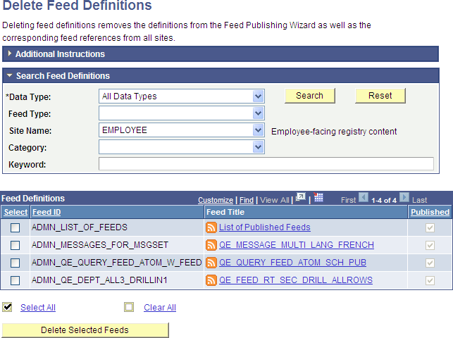 Delete Feed Definitions page