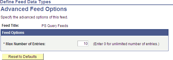 Advanced Feed Options page for a list of feeds type feed