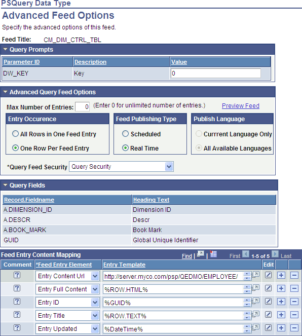 PSQuery Data Type - Advanced Feed Options page