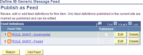 Publish as Feed page for an Integration Broker generic message type feed