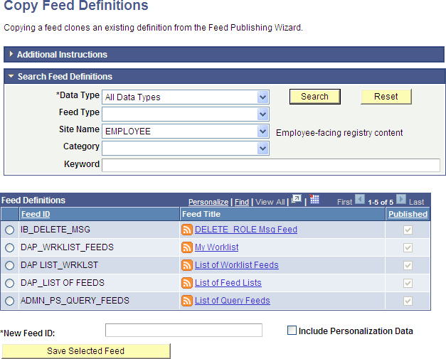 Copy Feed Definitions page