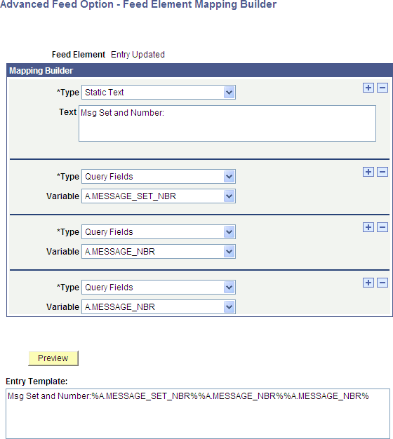 Example of the Feed Element Mapping Builder page showing an assembled feed entry template