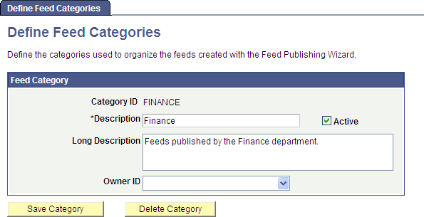 Define Feed Categories page
