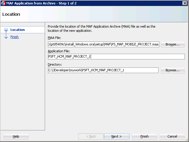 MAF Application from Archive - Location dialog box