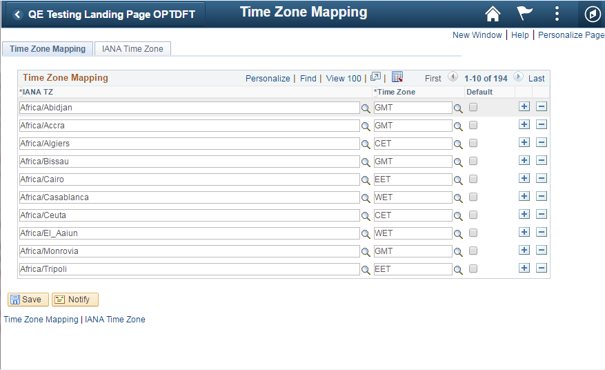 Time Zone Mapping Tab