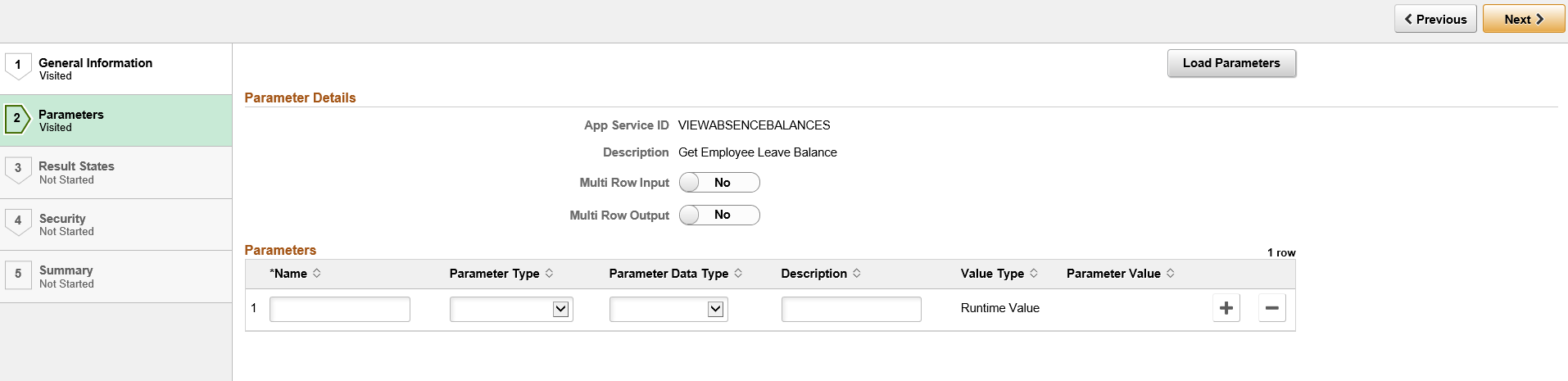 Step 2 - Application Service Registration Wizard - Parameters Page