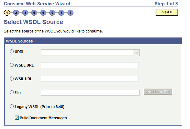 Select WSDL Source page