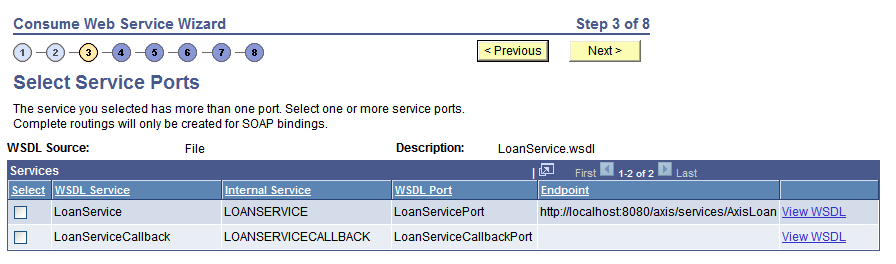 Select Service Ports page
