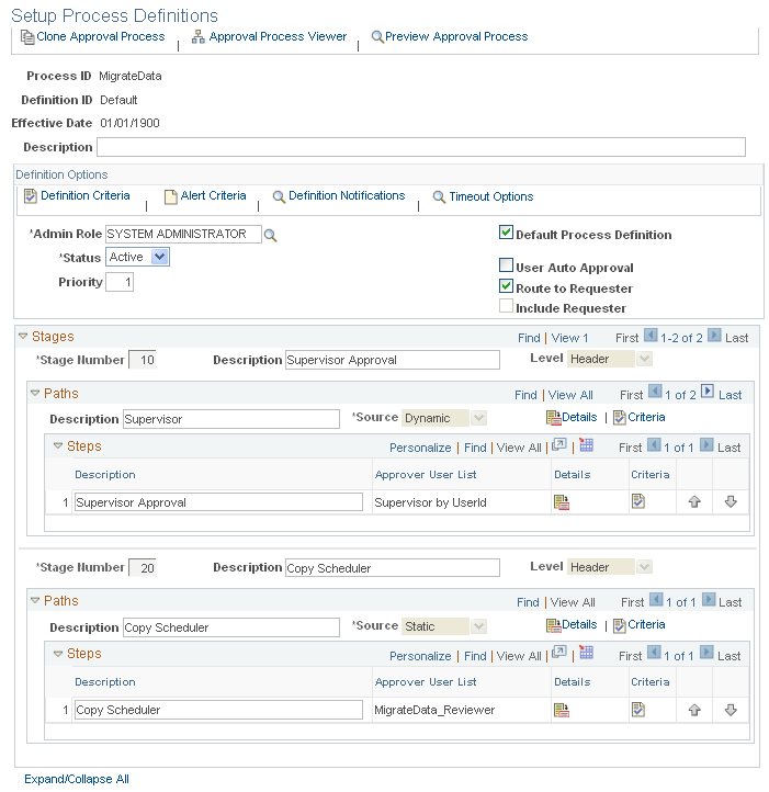 Set Up Process Definition page