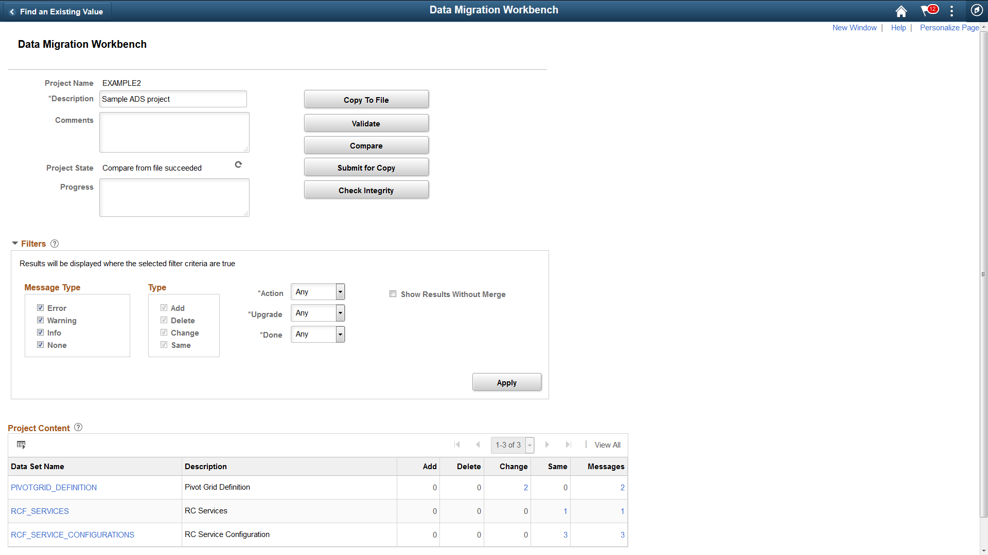 Project Summary page showing compare results