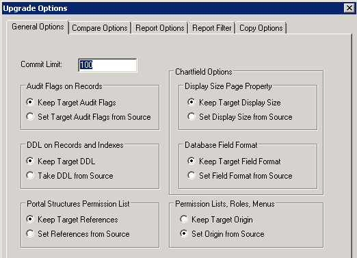 Upgrade Options dialog box: General Options tab