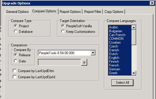 Upgrade Options dialog box: Compare Options tab