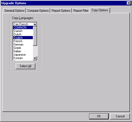 Upgrade Options dialog box: Copy Options tab