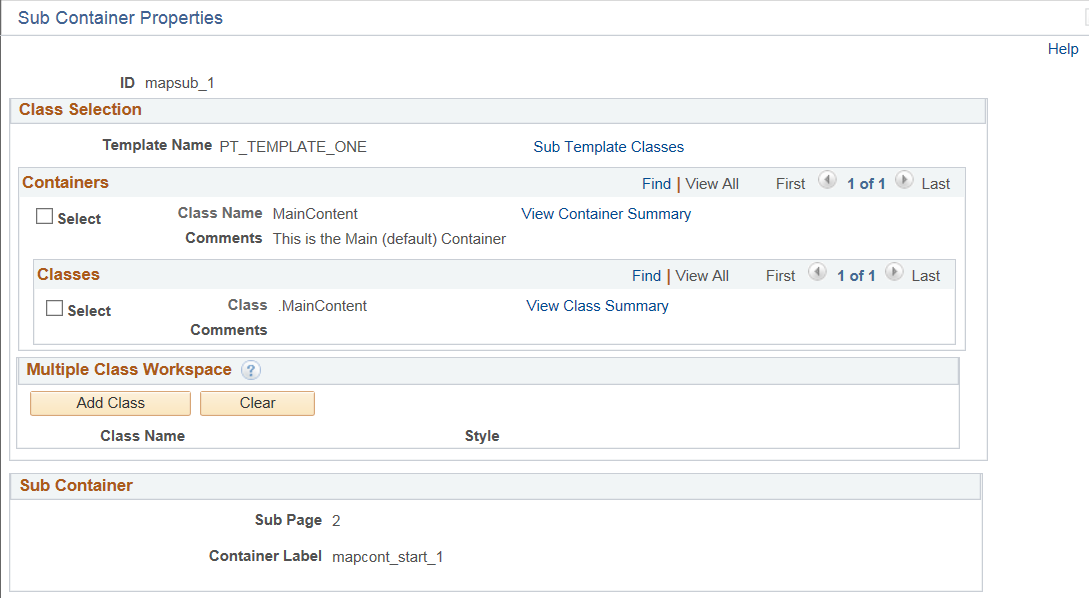 Sub Container Properties page