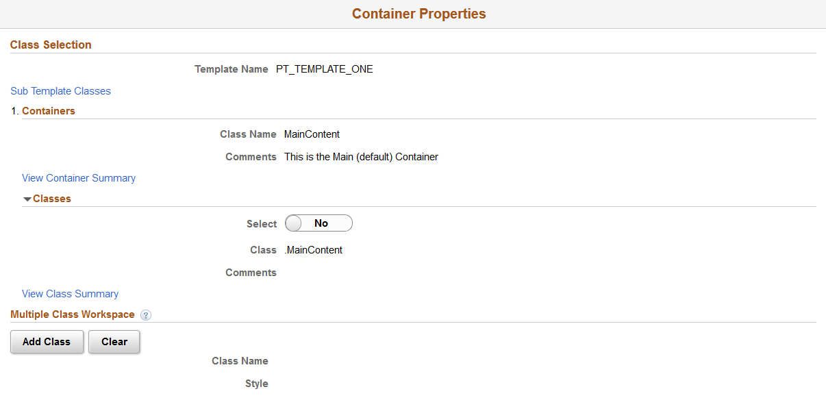 Container Properties - Class section