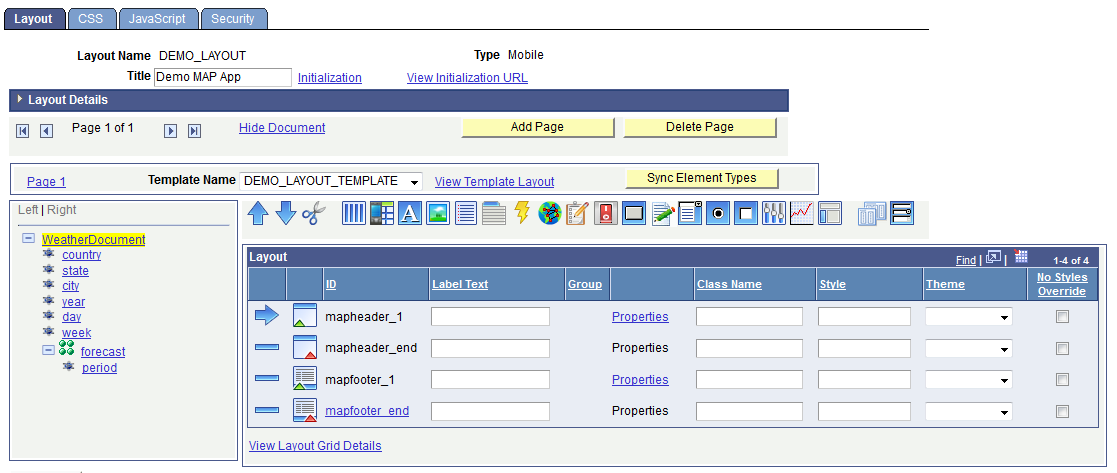 Default view of the Mobile Application Platform Layout Designer