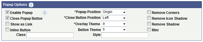 Example: Pop-up container properties set for the example