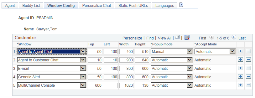 Window Config page where the window sizes are defined for an agent.