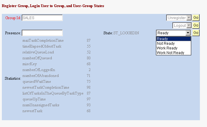 The Register Group, Login User to Group, and User-Group States group box