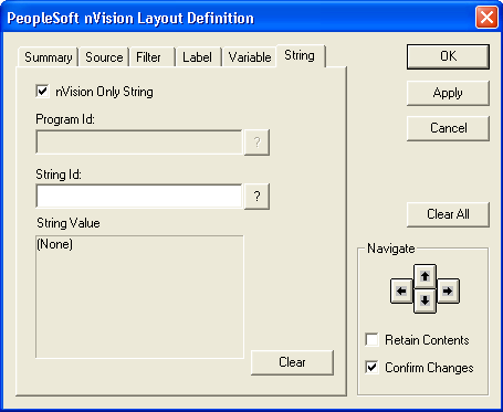 PeopleSoft nVision Layout Definition dialog box: String tab