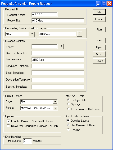 PeopleSoft nVision Report Request dialog box