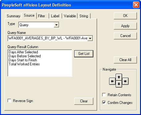 PeopleSoft nVision Layout Definition dialog box: Source tab