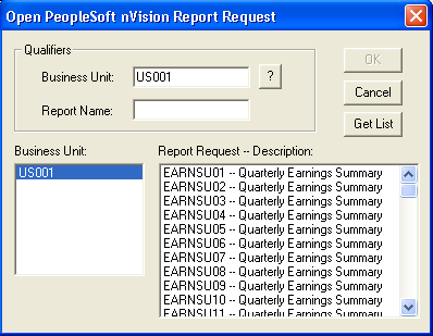 Open PeopleSoft nVision Report Request dialog box