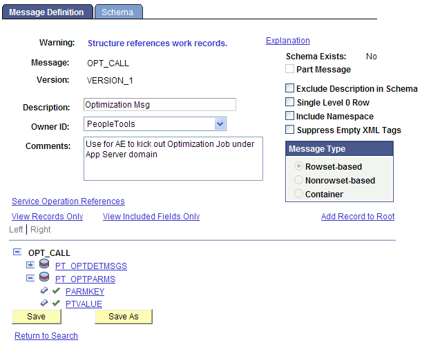 Message Definition page - OPT_CALL message definition