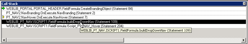 Call Stack pane example showing execution pointer, selected function indicator, and hover pop-up