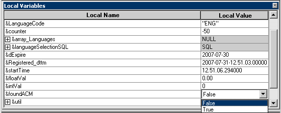 Local Variables pane showing a drop-down list to set the value for a Boolean variable