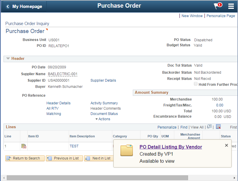 Purchase Order Details Listing Report completion Pop-up Notification