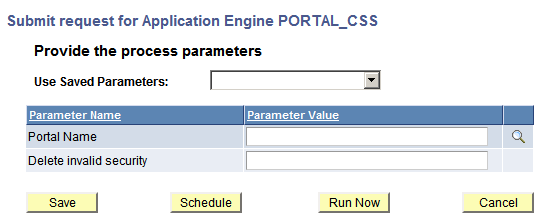 Submit Request for application engine program PORTAL_CSS showing generic prompting parameters