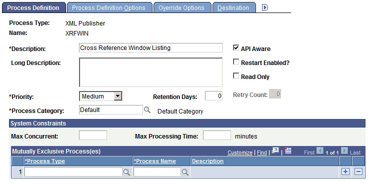 Process Definition page