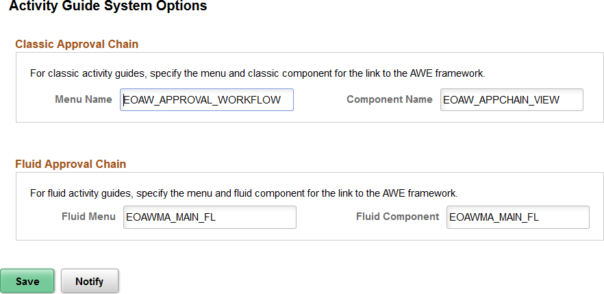 Activity Guide System Options page