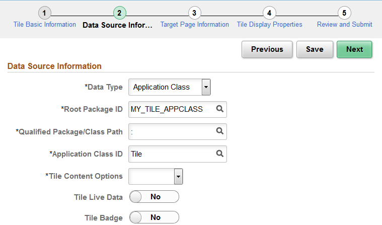 Data Source Information page for the Application Class data type