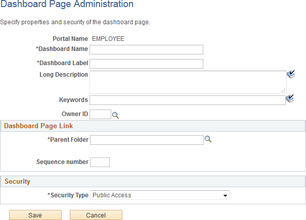Dashboard Page Administration page