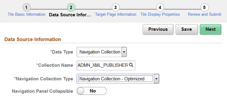 Data Source Information page for the Navigation Collection data type